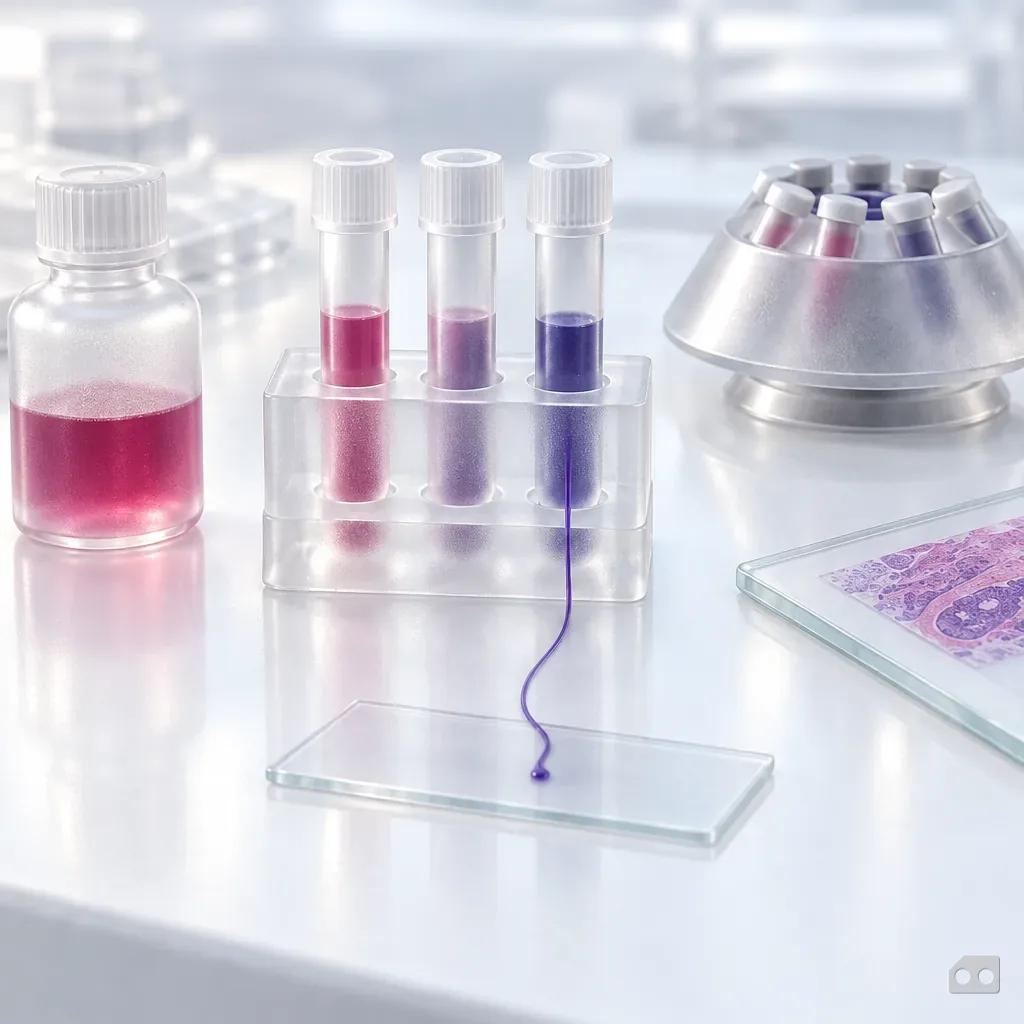 Frosted-glass render of a small tube rack linked by a thread to a blank glass sheet